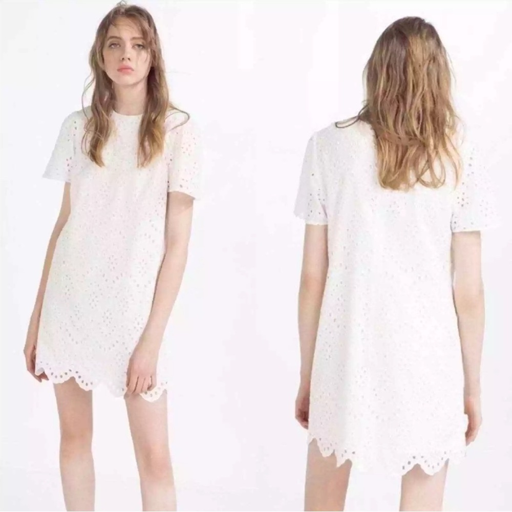 Zara White Eyelet Embroidered Shift Dress Size Small